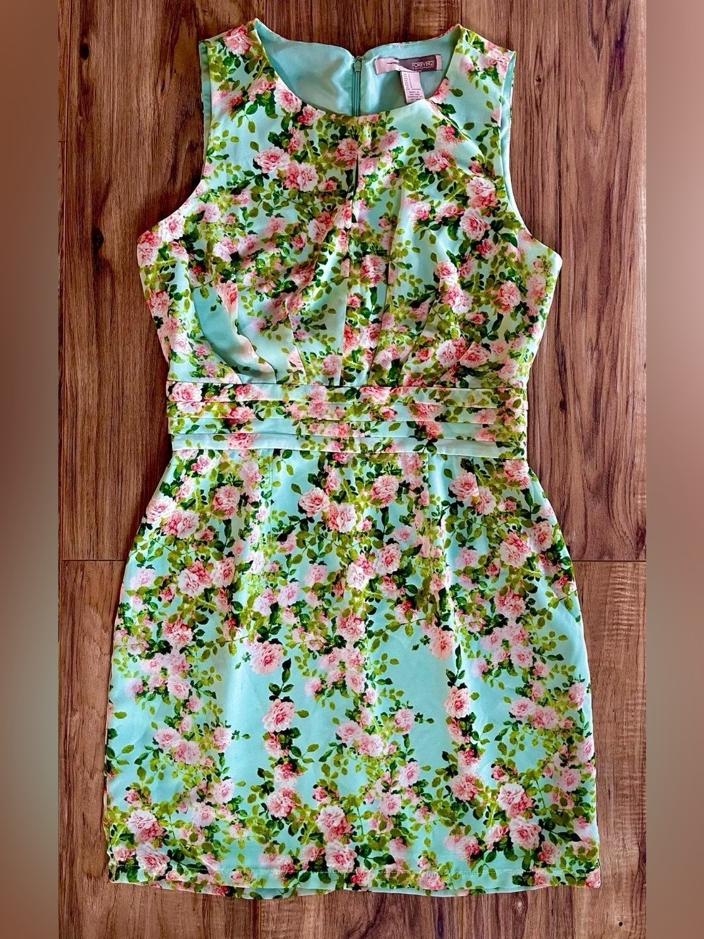 Forever 21 Mint Floral Sleeveless Fit & Flare Dress with Pink Roses